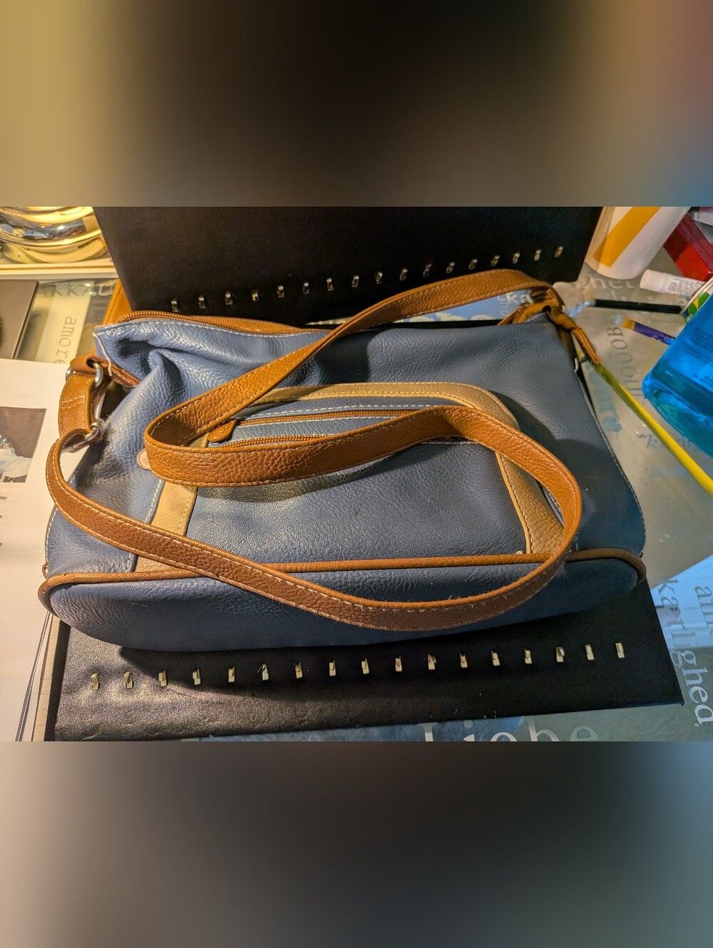 Navy and Tan Two-Tone Shoulder Bag with Front Pocket